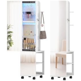 Espejo joyero de pie con luces LED 3 colores, giro 360°, cerradura, llaves, blanco y beige