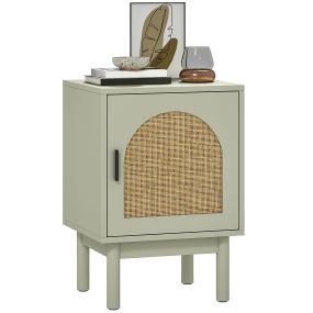 Mesita de noche de ratán con puerta, estante ajustable y patas de madera, verde claro 40x35x58 cm