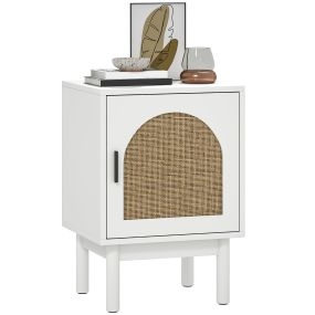 Mesita de noche de ratán con estante ajustable y patas de madera 40x35x58 cm blanco