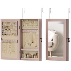 Espejo joyero de pared con cerradura, compartimentos, rosa y forro beige