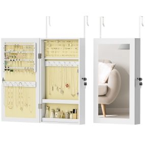 Espejo joyero de pared blanco con cerradura y forro crema para pendientes, collares, anillos y pulseras