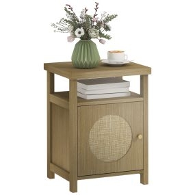 Mesita de noche de madera natural con puerta de ratán, estante abierto y compartimento, 40x35x55 cm