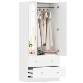 Armario ropero blanco con espejo 2 puertas 2 cajones 80x50x180 cm