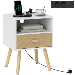 Mesita de noche con estación de carga, cajón, 2 tomas AC, USB y Tipo-C, blanco
