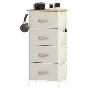 Cajonera de tela alta con 4 cajones, 4 bolsillos laterales y 2 ganchos, estructura de acero, beige
