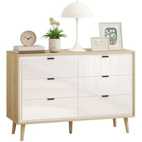 Cómoda 6 Cajones con Frente de Blanco Brillo, Cómoda Dormitorio con Patas de Madera, Cajonera para Salón, Oficina, Estilo Moderno, 110x40x75 cm, Roble