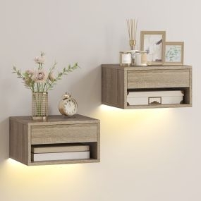 Juego de 2 Mesitas de Noche Flotantes con Luces LED RGB Control de APP, Mesillas de Noche Dormitorio con Cajón, Estante Abierto, para Sala de Estar, 37x32x21 cm, Natural