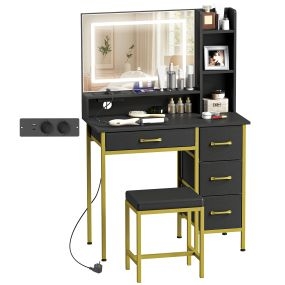 Tocador de maquillaje con espejo y luces LED, estación de carga, 4 cajones, negro