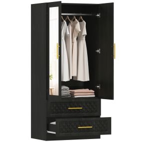 Armario Dormitorio 2 Puertas y 2 Cajones, Armario Ropero con Espejo, Relieve de Diamante, Barra para Colgar, Estilo Moderno, 80x50x180 cm, Negro