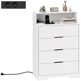 Cómoda de 4 cajones con estación de carga, USB, USB-C y estante abierto, 80x40x120 cm, blanco