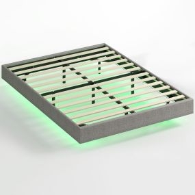 Somier flotante 140x190 cm con luces LED, tapizado en lino gris, láminas de madera