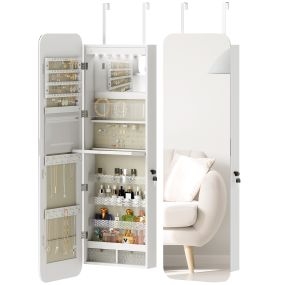 Espejo joyero con luz LED, armario con cerradura, 2 cajones, 37x10x120 cm, blanco