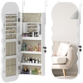 Espejo joyero con luz LED 3 colores, armario con cerradura, montado en pared o puerta, blanco