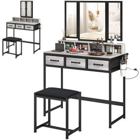 Tocador de maquillaje con espejo tríptico desmontable, taburete, 3 cajones, estantes, gris