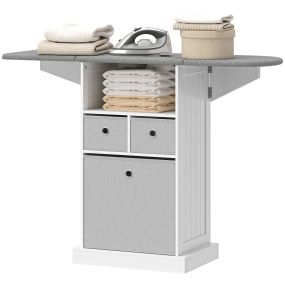 Mueble de plancha con ruedas, tabla plegable, 3 cajones de tela, compartimento abierto, blanco, 121x37x89,5 cm