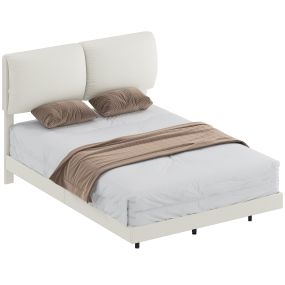 Cama doble 135x190 cm con cabecero acolchado, estructura metálica y lamas de madera beige