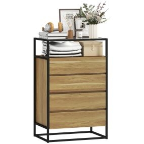 Cómoda de 4 cajones con vidrio templado, estante abierto y estructura de acero, 60x40x94,5 cm, teca
