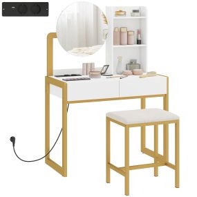 Tocador de maquillaje con espejo y taburete acolchado, estación de carga, 2 cajones, 3 estantes, USB, blanco
