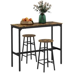 Conjunto mesa alta de cocina con 2 taburetes, marco de acero, estilo industrial, marrón rústico