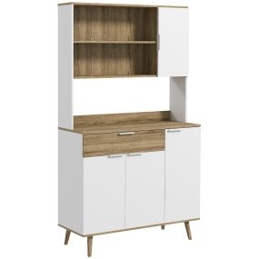 Alacena de cocina alta con 4 puertas, estantes ajustables, cajón y compartimentos abiertos, 98x39x180 cm, blanco y natural