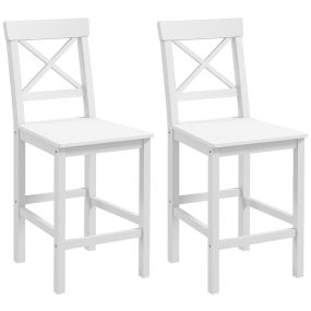 Juego de 2 Taburetes Altos de Cocina, Taburetes de Bar de Madera con Reposapiés y Respaldo Cruzado, Carga 120 kg, para Comedor, Mostrador, Blanco