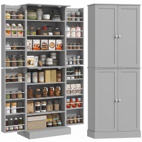 Alacena de Cocina Alta, Armario Despensa Cocina Moderno con 4 Puertas con Estantes, Estantes Ajustables, Alacena para Sala de Estar, Comedor, Gris