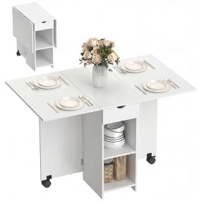Mesa Plegable de Comedor Mesa de Cocina Plegable con Ruedas Alas Abatibles Cajón y Estantes para 2-4 Personas 120x72x75 cm Blanco