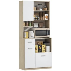 Alacena de Cocina Alta, Mueble Auxiliar de Cocina con 3 Puertas, 9 Estantes, Cajón, Encimera para Microondas, Estantes Ajustables, Moderno, para Salón o Comedor, 80x35x180 cm, Blanco y Roble