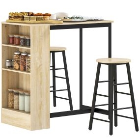 Conjunto mesa alta de cocina con 2 taburetes, marco de acero, roble, ahorro de espacio