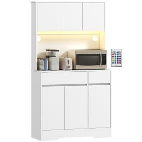 Alacena de cocina con luz LED RGB, encimera para microondas, 6 puertas, 2 cajones, blanco