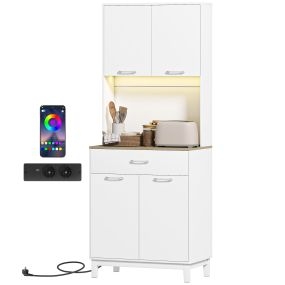Alacena de Cocina con Luces LED y Estación de Carga, Control por APP, Mueble Auxiliar de Cocina con 4 Puertas, Cajón, Encimera Abierta para Microondas, Estantes Ajustables, 71x40x180 cm, Blanco