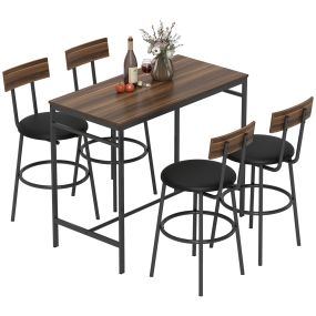 Juego de Mesa Alta de Bar y 4 Taburetes, Mesa Alta de Cocina, Asientos Tapizados en PU, con Respaldo y Reposapiés, Ahorro Espacio, Marco de Acero, para Comedor, Marrón
