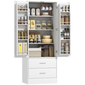 Alacena de Cocina Alta, Mueble Auxiliar de Cocina con 2 Puertas, 8 Estantes en la Puerta, 2 Cajones, Estantes Ajustables, para Salón o Comedor, 60x40x159 cm, Blanco