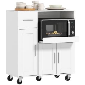 Mueble Auxiliar de Cocina con Ruedas, Aparador de Cocina para Microondas con Bandeja Deslizante, Cajón, 3 Puertas, Estante Ajustable y Orificio para Cables, para Salón, 80x40x88,7 cm, Blanco