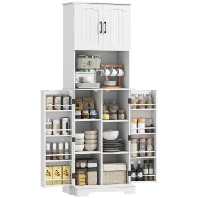 Alacena de Cocina Alta, Mueble Auxiliar de Cocina con 4 Puertas, 9 Estantes, 8 Estantes en Puertas, Estantes Ajustables, Estilo Rústico, para Salón o Comedor, 60x40x181,5 cm, Blanco