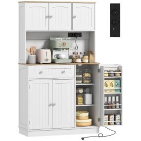 Alacena de cocina alta con estación de carga, 6 puertas, cajón y estantes ajustables, blanco