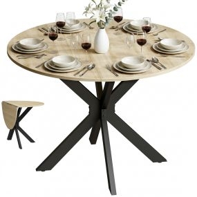 Mesa Plegable de Comedor, Mesa de Cocina Plegable Redonda, para 2-6 Personas, con Ala Abatible, Marco de Acero Doble X, para Salón, Espacio Pequeño, Ø110x76 cm, Natural