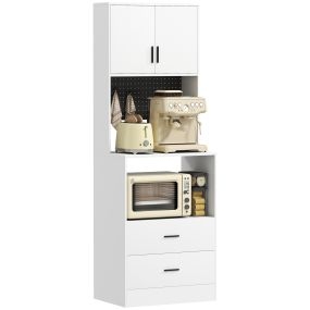 Mueble auxiliar de cocina blanco 60x40x170 cm con soporte microondas, 2 cajones, 2 puertas y estante ajustable