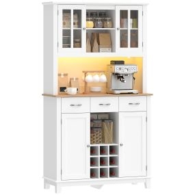 Alacena de Cocina con Iluminación LED Control por APP, Armario Cocina Alta con Encimera para Microondas, Botellero, Puertas de Vidrio, Estantes Abiertos, 3 Cajones, Estantes Ajustables, Blanco