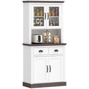 Alacena de cocina alta con puertas de cristal, 2 cajones, estantes ajustables, 80x38x170 cm, blanco y marrón