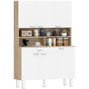Alacena de Cocina Alta, Mueble Auxiliar de Cocina con 6 Puertas y Gran Cajón, Estantes, Encimera Amplia para Microondas, para Comedor, Salón, 120x40x175 cm, Blanco y Natural