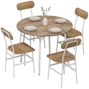 Juego de Mesa y Sillas de Comedor Compact 5 Piezas, Mesa de Cocina Redonda con 4 Sillas, Estilo Industrial, Marco Metálico, para Espacios Pequeños, Salón, Mesa Ø100x77 cm, Natural y Blanco