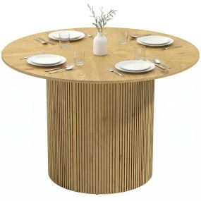 Mesa de comedor redonda de roble Ø110x75 cm para 4-6 personas con base cilíndrica acanalada y marco metálico, carga 100 kg