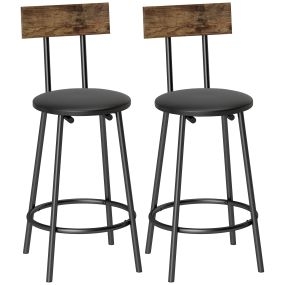 Juego de 2 taburetes de bar altos con respaldo y reposapiés, tapizados en PU, negro, asiento 60 cm