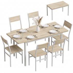 Conjunto de mesa y 6 sillas de comedor extensible 120-160 cm, marco metálico, efecto roble
