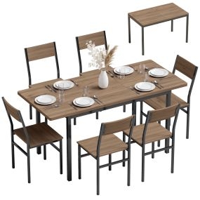 Conjunto de mesa de comedor de 7 piezas extensible 120-160 cm con 6 sillas apilables marrón efecto madera marco metálico para 4-6 personas