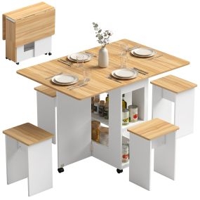 Conjunto mesa de comedor plegable con 4 sillas, alas abatibles, ruedas y estantes, roble
