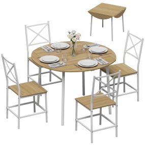 Juego de Mesa y Sillas de Comedor de 5 Piezas, Mesa de Cocina Plegable con 4 Alas Abatibles, 4 Sillas Apilables con Respaldo en X para Espacios Pequeños, Roble y Blanco