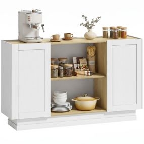 Aparador moderno de madera natural y blanco con 2 estantes abiertos y 2 puertas, 133x35x79,7 cm