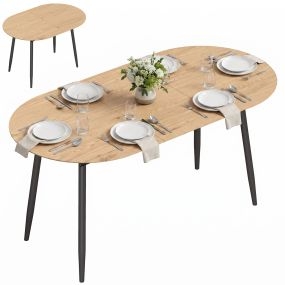 Mesa de Comedor Extensible Ovalada 120-160x80 cm, Mesa de Cocina Extensible para 4-6 Personas, Estilo Rústico, con Patas de Hierro y Bordes Redondeados, Ahorra Espacio, Roble